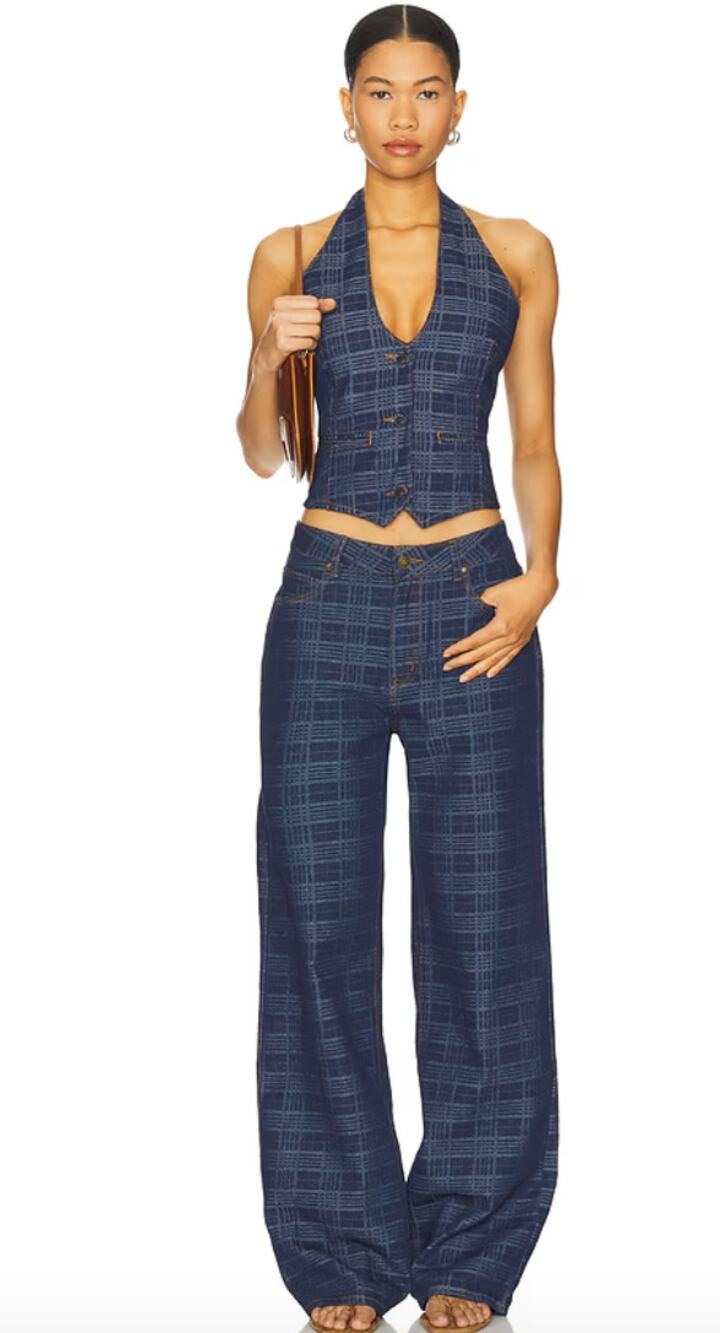 NWOT Lioness Top Model Jeans Indigo Plaid, Medium